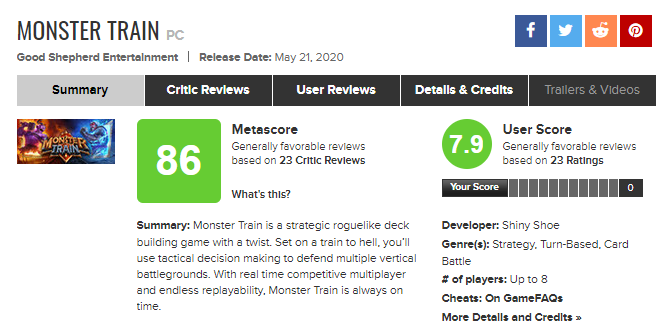 Metacritic о Monster Train 04.07.2020